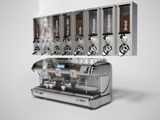 3D rendering metal coffee tank with professional coffee machine on gray background with shadow