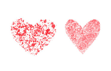 A hand-drawn illustration of two hearts, one of red watercolor splashes and the second of a dense pattern of spots of paint soaked in sponge. Raster stock hearts set isolated on white