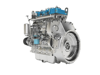 3D rendering of blue diesel engine for car assembly on white background no shadow