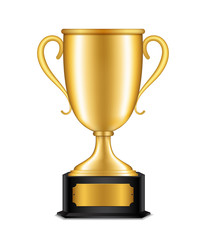 Realistic award cup for winner, champion. Golden trophy for congratulationin sport, game. Gold winner prize on isolated background. Championship cup for award ceremony. vector illustration