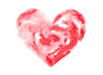 Big hand-drawn watercolor heart isolated on white. Liquid watercolor scarlet transition with heart-shaped transparencies. A raster stock illustration can be used as a template for a love card.