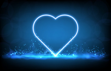 abstract background of blue glowing neon heart and smoke