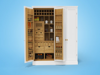 3D rendering wooden organizer cabinet for appliances in the kitchen front view on blue background with shadow