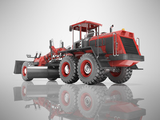 Red grader for dumping and leveling the road back view 3D rendering on gray background with shadow