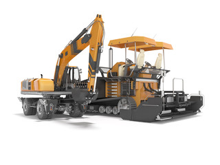 Tracked asphalt spreader machine and wheeled excavator 3d rendering on white background with shadow