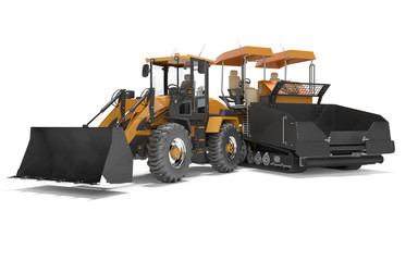 Naklejka premium Construction machinery asphalt spreader machine and wheel bulldozer working 3D rendering on white background shadow