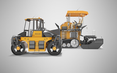 Construction machinery asphalt spreader machine and road roller working 3D rendering on gray background with shadow