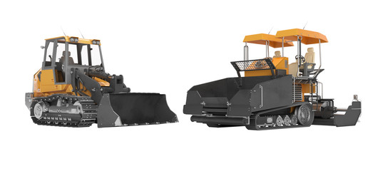 Road construction machinery tracked paver and tracked bulldozer 3D rendering on white background no shadow