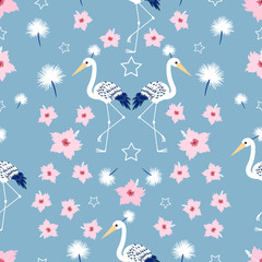 Obraz premium Seamless Tropical Vector Pattern with tropical birds and hibiscus