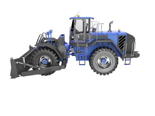 Dark blue wheel bulldozer for working with stones 3D rendering on white background no shadow