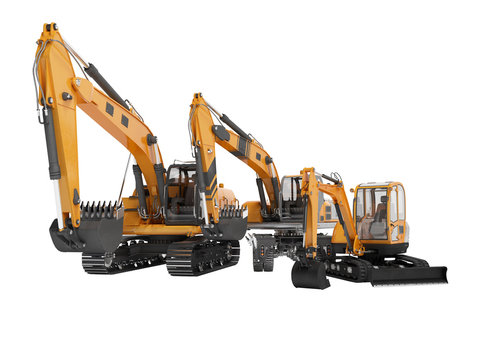 Group of orange excavator 3D rendering on white background no shadow