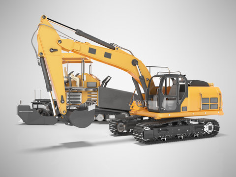 Group of orange road construction machinery crawler bulldozer and tracked paver 3D rendering on gray background with shadow