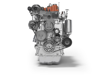3D rendering of diesel engine for car front view on white background with shadow