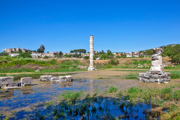 Column and ruins of the ancient construction of the Temple of Artemis of Ephesus. Selcuk. Turkey