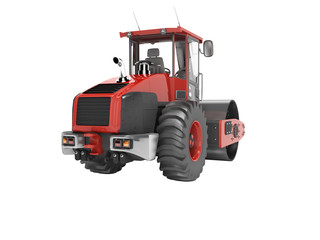 Red road vibratory roller rear view 3D rendering on white background no shadow