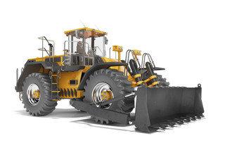Universal orange wheel bulldozer 3D rendering on white background with shadow