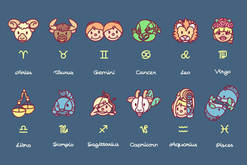 vector cute astrology horoscope zodiac icons