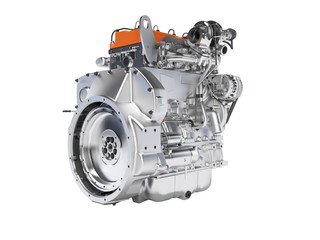 3D rendering orange engine for car assembly on white background no shadow