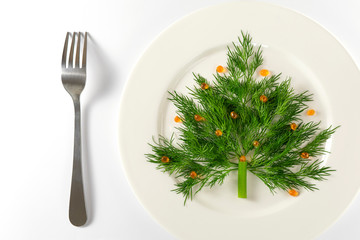 Funny edible Christmas tree made from dill and red caviar. Serving idea for celebration event. New Year food background top view. Holiday, food art concept