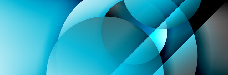 Dynamic trendy geometrical abstract background. Circles, round shapes 3d shadow effects and fluid gradients. Modern overlapping round forms