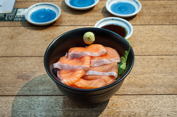 Salmon Sashimi bowl with wasabi, Japan