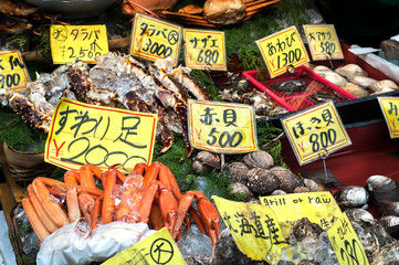 Fresh seafood on sale at Kuromon Ichiba Market in Osaka, Japan