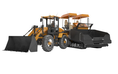 Construction machinery asphalt spreader machine and wheel bulldozer working 3D rendering on white background no shadow