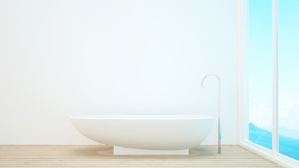 Obraz na płótnie Canvas Bathroom design minimal style for hotel or spa room. Bathroom with sea view in home or villa design.3d rendering