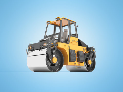 Orange asphalt paving roller for laying 3D rendering on blue background with shadow