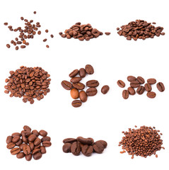 collage of Coffee beans isolated on a white background area for copy space.