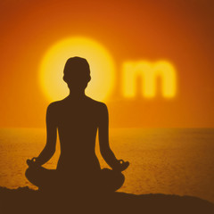 Om meditation concept with meditating female silhouette against desert sunrise or sunset background
