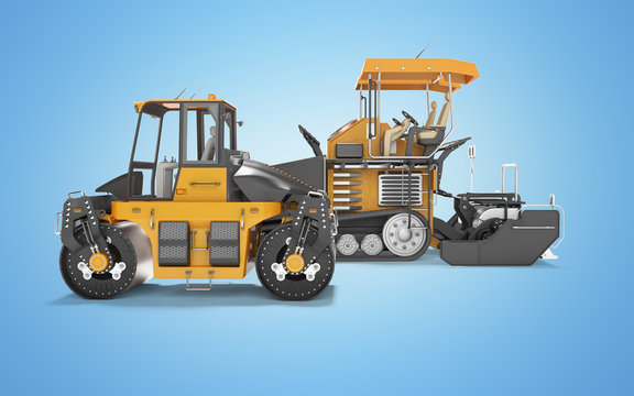 Construction machinery asphalt spreader machine and road roller working 3D rendering on blue background with shadow