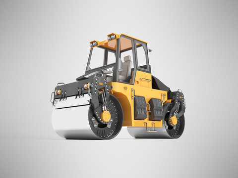 Orange asphalt paving roller for laying 3D rendering on gray background with shadow
