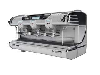 3D rendering of coffee machine for three sets of coffee with steam supply on white background no shadow