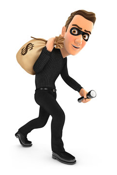 3d thief carrying bag of money on his back