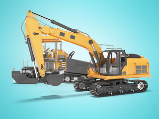 Group of orange road construction machinery crawler bulldozer and tracked paver 3D rendering on blue background with shadow