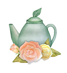 Watercolor hand drawn green ceramic teapot with roses isolated on white background