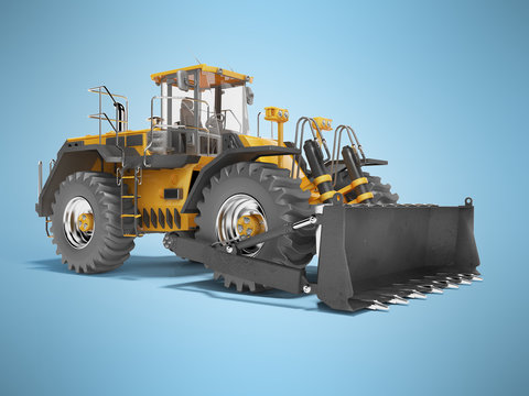 Universal orange wheel bulldozer 3D rendering on blue background with shadow