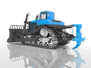Career technology caterpillar blue bulldozer 3D rendering on white background with shadow