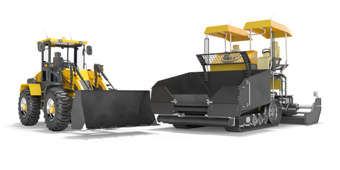 Construction road machinery yellow tracked paver and wheeled bulldozer 3d rendering on white background with shadow