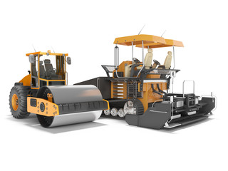 Construction machinery orange paver machine and road roller getting ready for work 3D rendering on white background with shadow