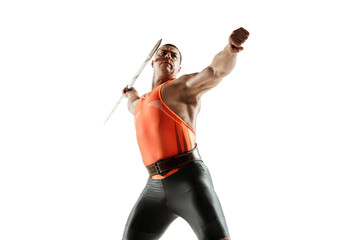 Male athlete practicing in throwing javelin isolated on white studio background. Professional...