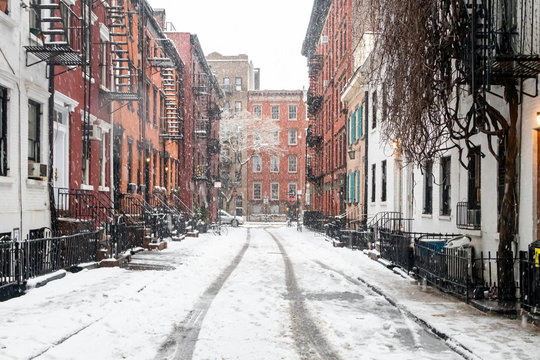 Snowy winter scene on Gay Street in the Greenwich Village neighborhood of New York City