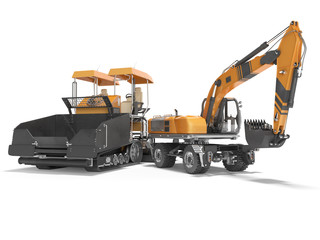 Road rubber asphalt spreader machine and wheeled excavator 3d rendering on white background with shadow