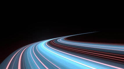 3D Rendering of curved blue and red light path trail. Concept of way to success, business plan, goals and achievement, advanced technology evolution