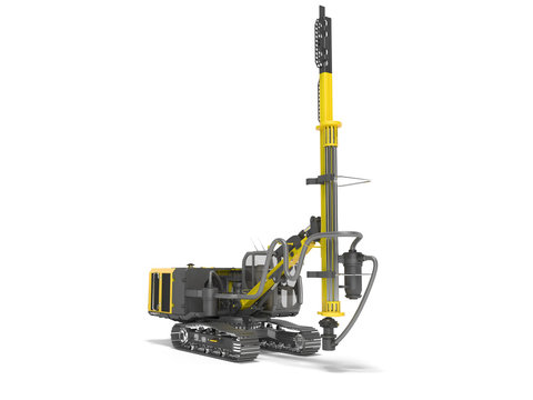 Yellow drill rig for drilling piles 3D rendering on white background with shadow
