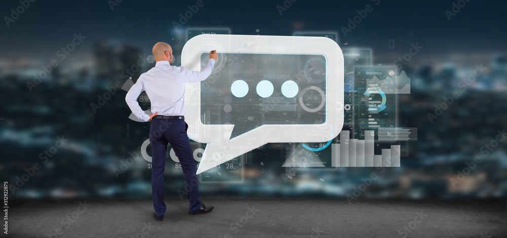 Poster view of a businessman holding a message icon with data in background - 3d rendering