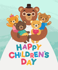 Happy Children's Day greeting card. Vector illustration of big cartoon father-bear holding four baby-bears in cute clothes. Isolated on light-blue background