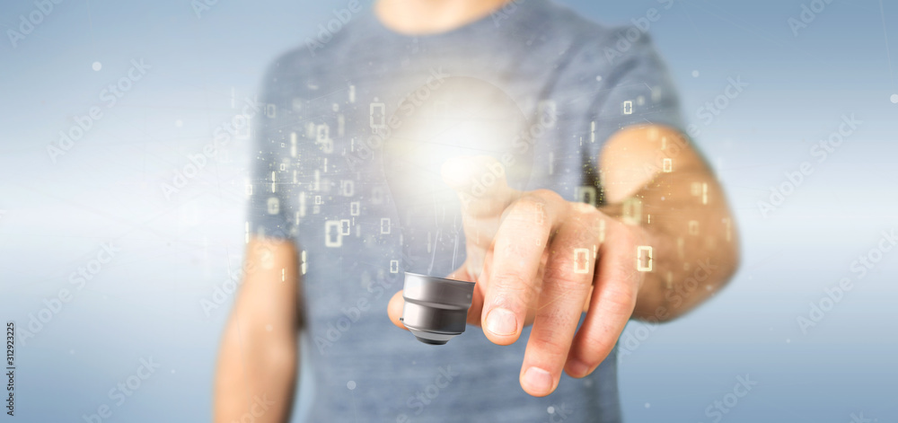 Poster businessman holding a bulb lamp idea concept with data all around 3d rendering