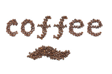 Inscription "coffee"and wave made from roasted coffee beans on the white background. Blend of 70% arabica and 30% robusta is used for this photo.